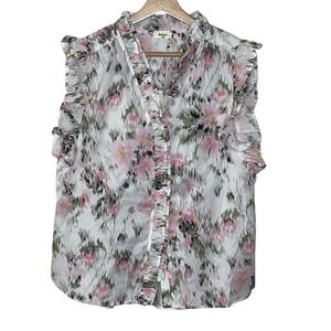 Dylan Womens Large Sleeveless Ruffle V-Neck Blouse Pink Green Floral Ikat Cotton